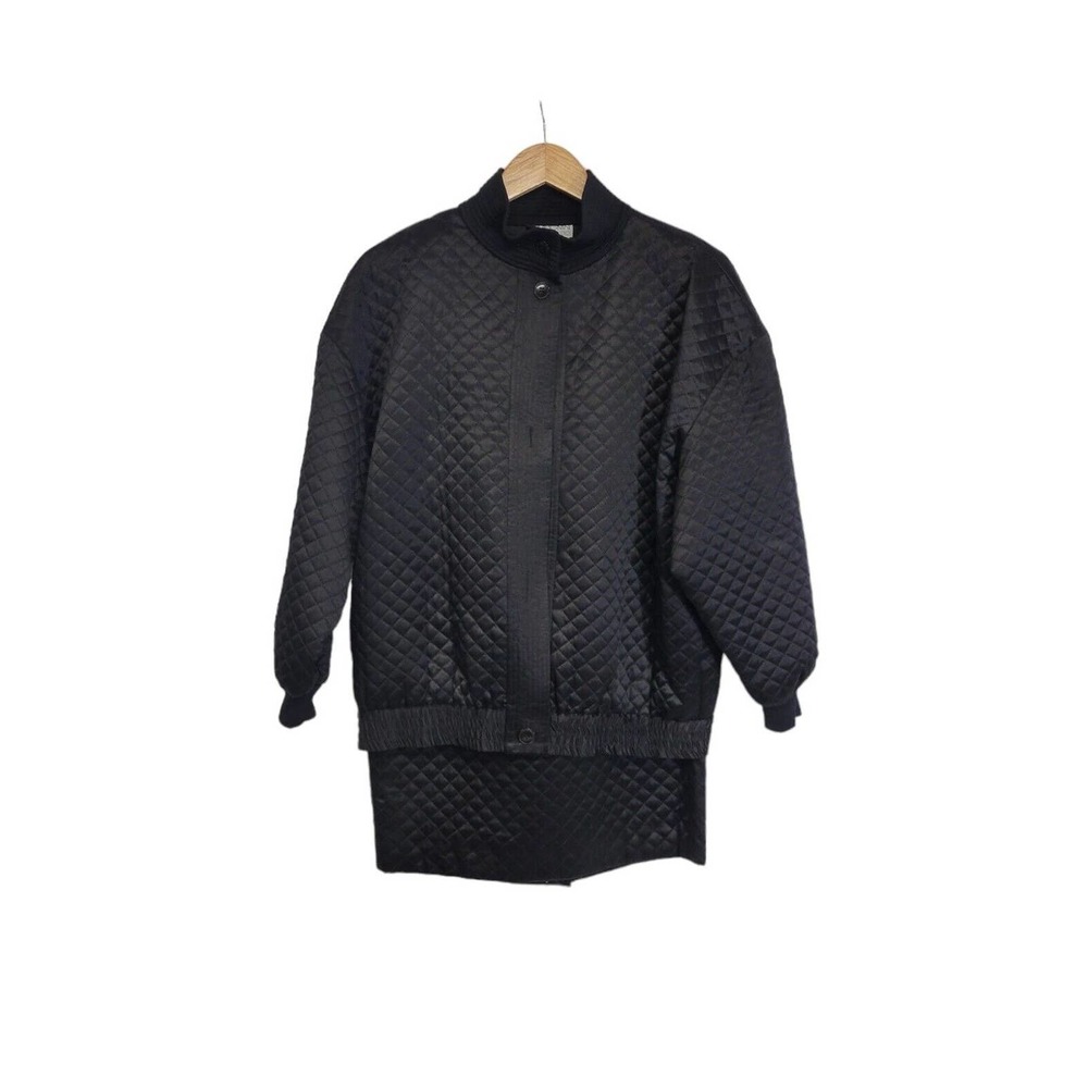 Vtg 80s I Magnin Design Studio Black Silk Quilted Pencil Skirt & Jacket Suit Set